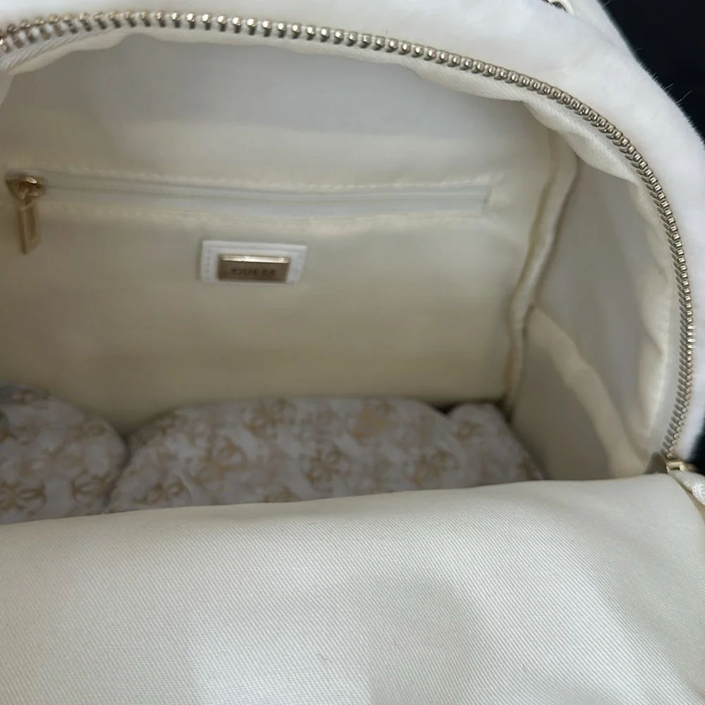 New Guess White Quilted Backpack with Pom-Pom Charm